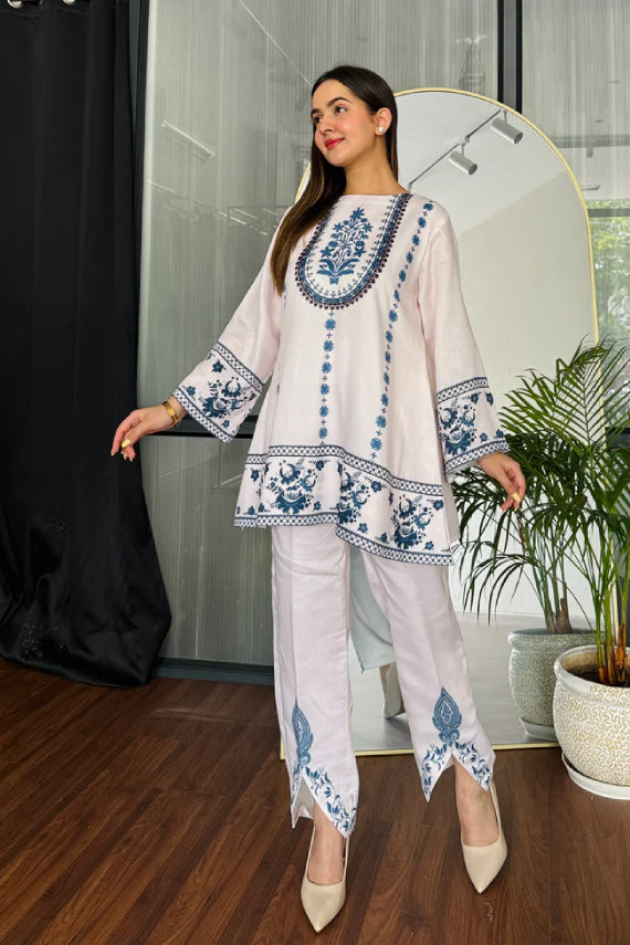 Ivory Blue Hand-Block Inspired Cotton Kurta Pant Set