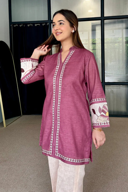 Wine Mauve Artisan Print Cotton Kurta Pant Set