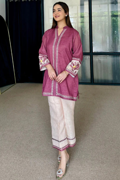 Wine Mauve Artisan Print Cotton Kurta Pant Set