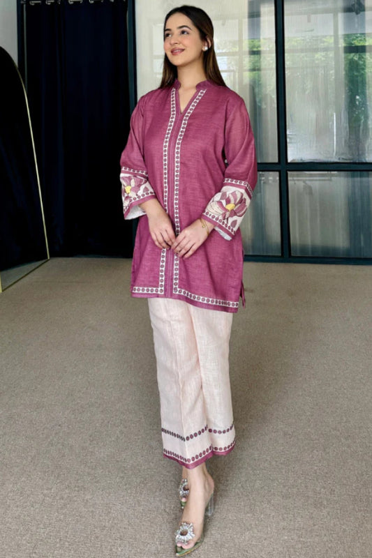 Wine Mauve Artisan Print Cotton Kurta Pant Set