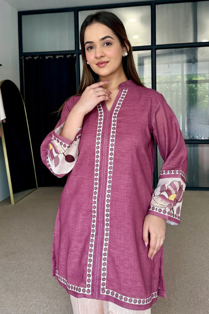Wine Mauve Artisan Print Cotton Kurta Pant Set