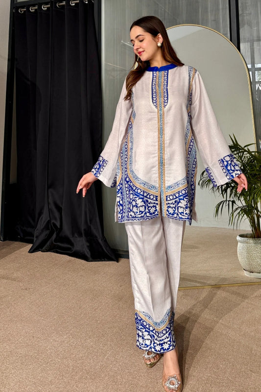 Ivory Blue Contemporary Ethnic Cotton Kurta Pant Set