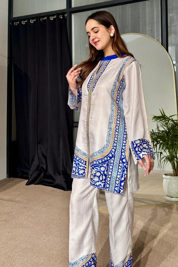 Ivory Blue Contemporary Ethnic Cotton Kurta Pant Set