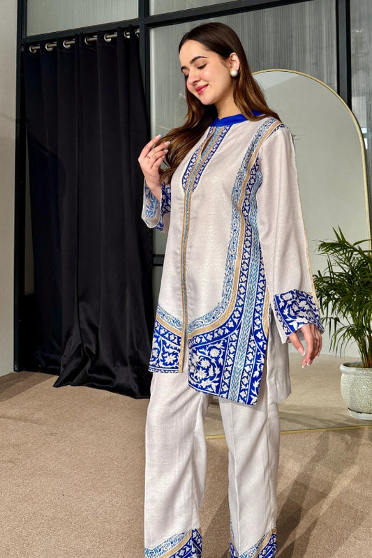 Ivory Blue Contemporary Ethnic Cotton Kurta Pant Set