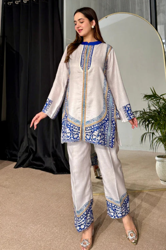 Ivory Blue Contemporary Ethnic Cotton Kurta Pant Set