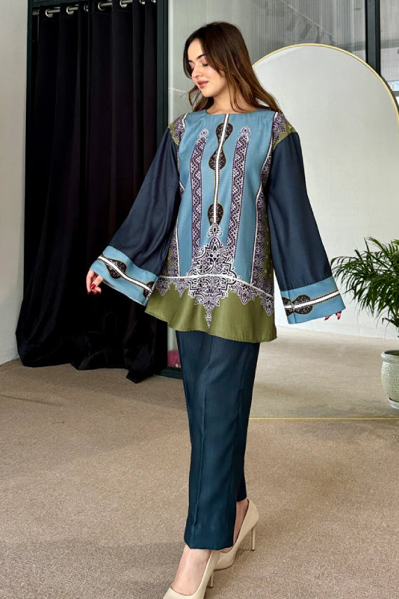 Teal Olive Heritage Motif Cotton Kurta Pant Set