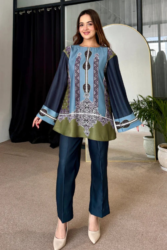 Teal Olive Heritage Motif Cotton Kurta Pant Set