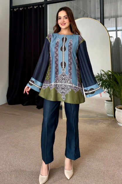 Teal Olive Heritage Motif Cotton Kurta Pant Set