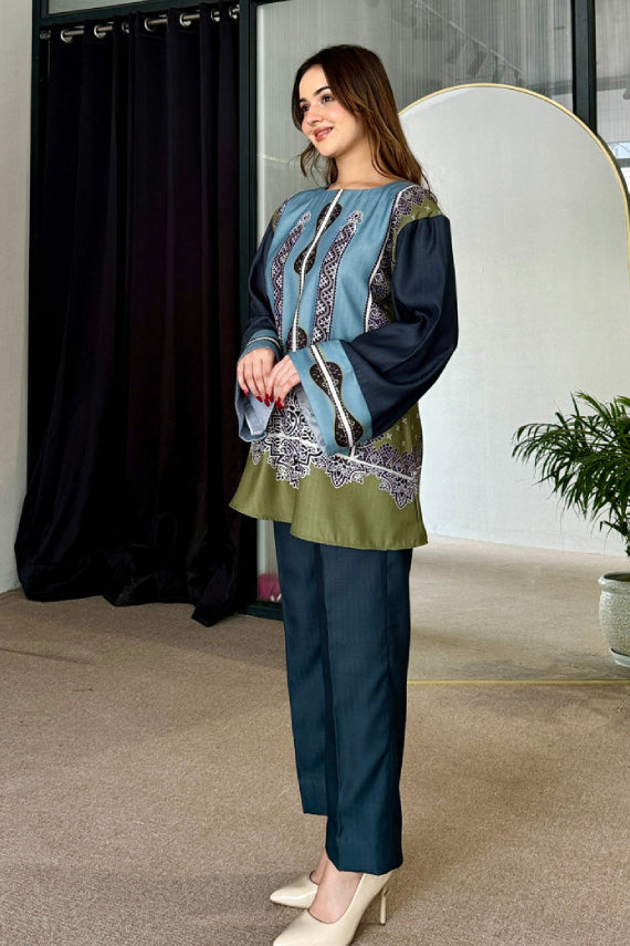 Teal Olive Heritage Motif Cotton Kurta Pant Set