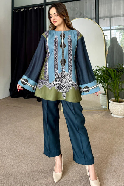 Teal Olive Heritage Motif Cotton Kurta Pant Set