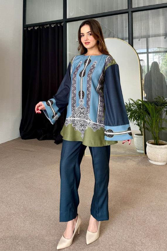 Teal Olive Heritage Motif Cotton Kurta Pant Set