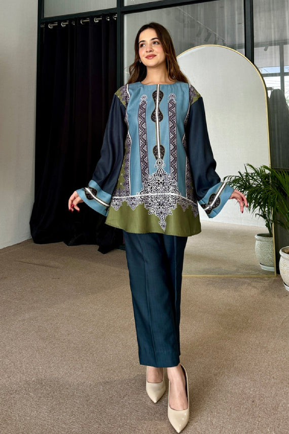 Teal Olive Heritage Motif Cotton Kurta Pant Set