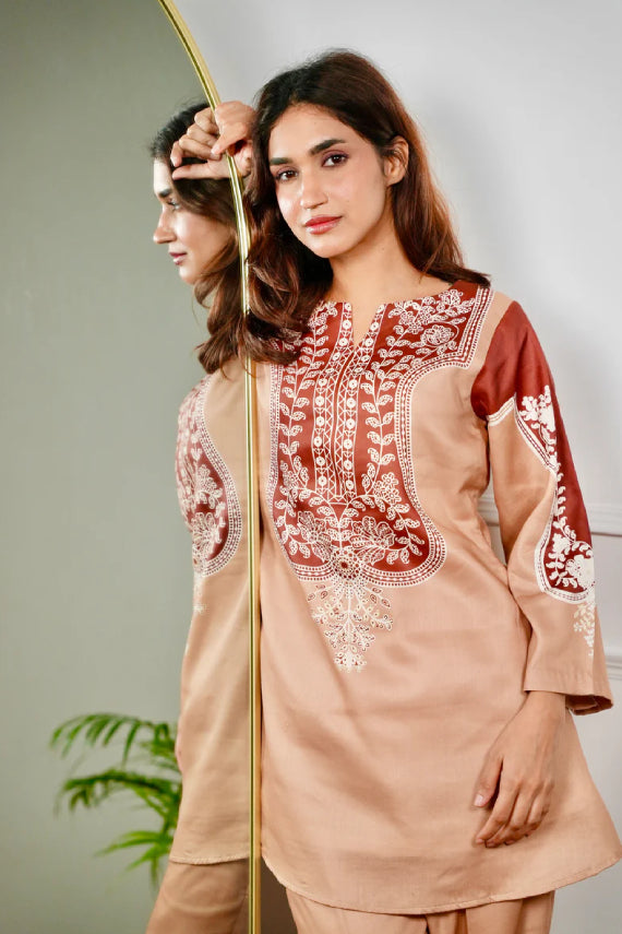 Caramel Hand-Block Inspired Cotton Kurta Pant Set for Women