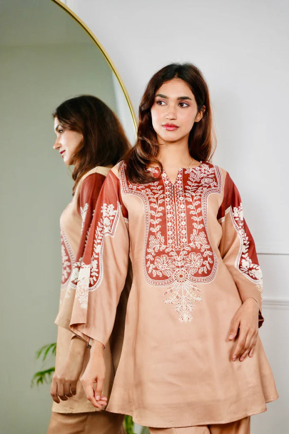 Caramel Hand-Block Inspired Cotton Kurta Pant Set for Women