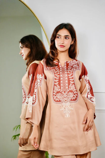 Caramel Hand-Block Inspired Cotton Kurta Pant Set for Women