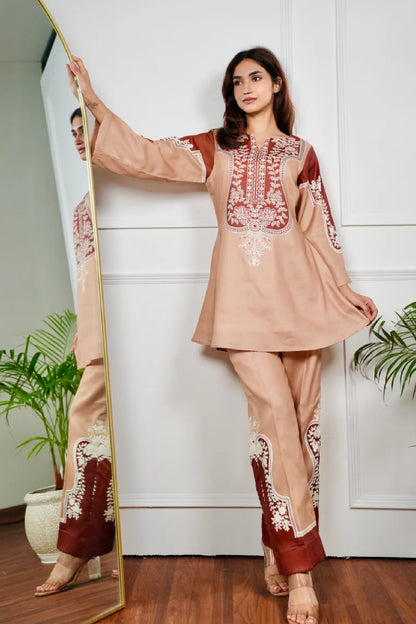 Caramel Hand-Block Inspired Cotton Kurta Pant Set for Women