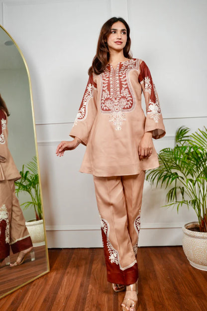Caramel Hand-Block Inspired Cotton Kurta Pant Set for Women