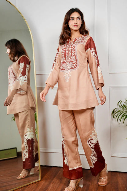 Caramel Hand-Block Inspired Cotton Kurta Pant Set for Women