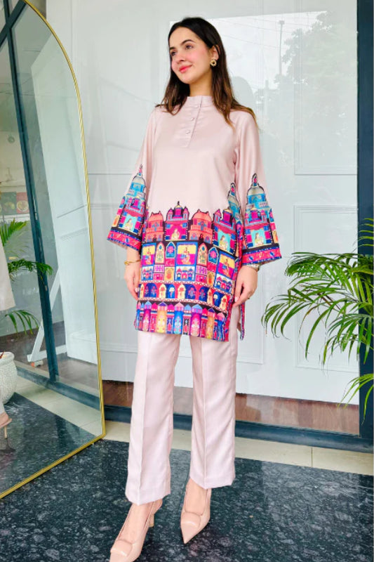 Blush Pink Cotton Kurta Pant Set with Heritage Architecture Digital Print