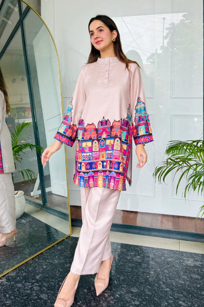 Blush Pink Cotton Kurta Pant Set with Heritage Architecture Digital Print