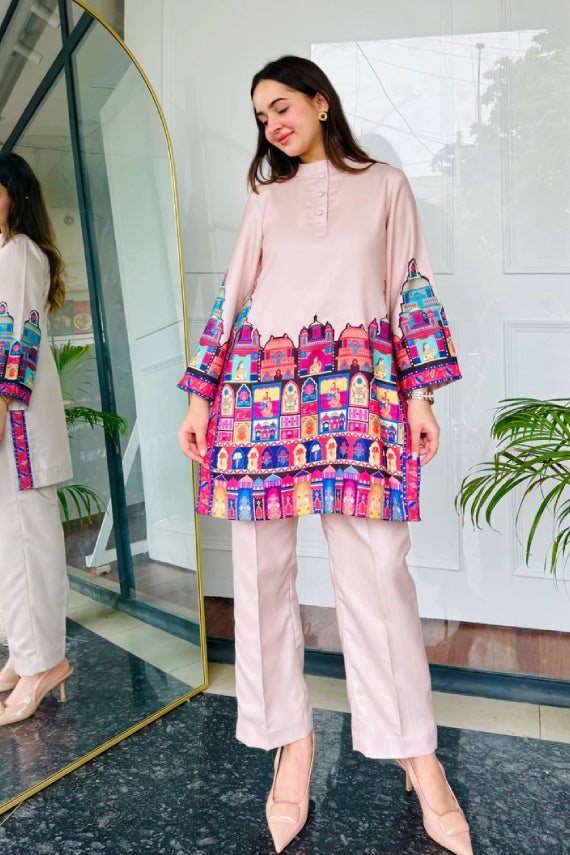 Blush Pink Cotton Kurta Pant Set with Heritage Architecture Digital Print