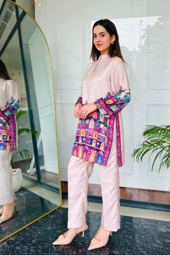 Blush Pink Cotton Kurta Pant Set with Heritage Architecture Digital Print