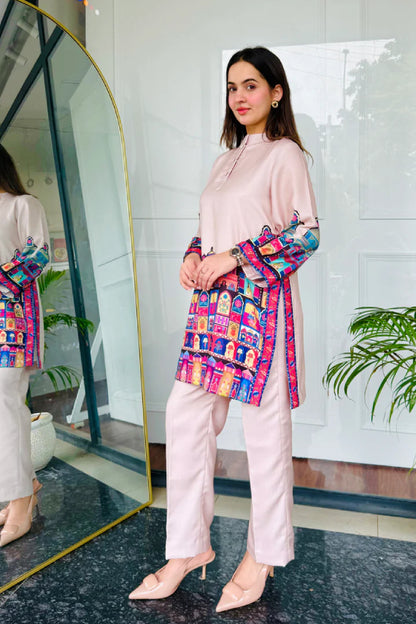 Blush Pink Cotton Kurta Pant Set with Heritage Architecture Digital Print