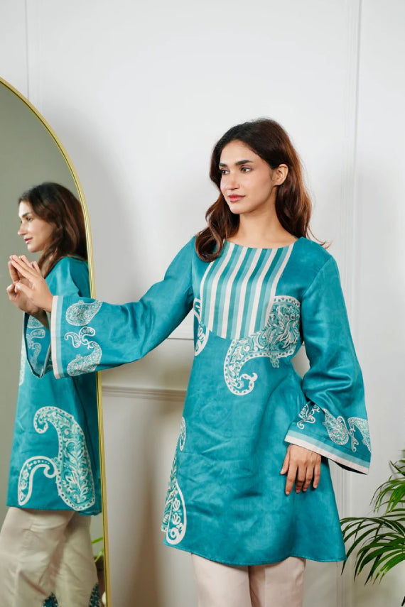 Teal and Beige Cotton Printed Kurta Set with Large Paisley Motifs and Striped Yoke Detail