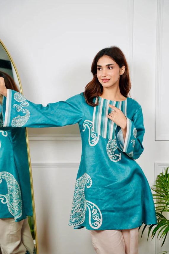 Teal and Beige Cotton Printed Kurta Set with Large Paisley Motifs and Striped Yoke Detail