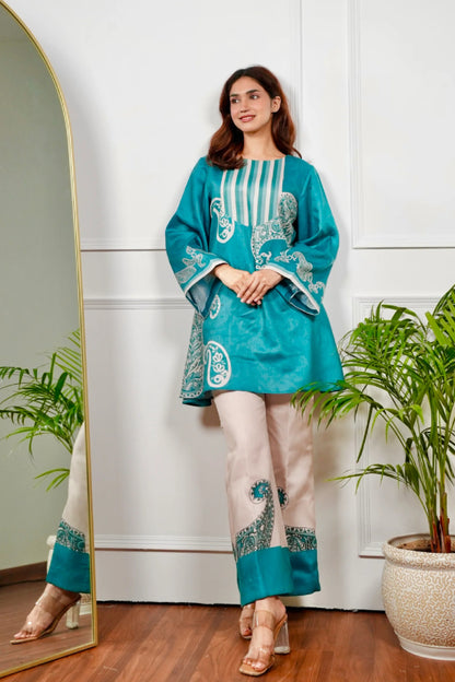 Teal and Beige Cotton Printed Kurta Set with Large Paisley Motifs and Striped Yoke Detail
