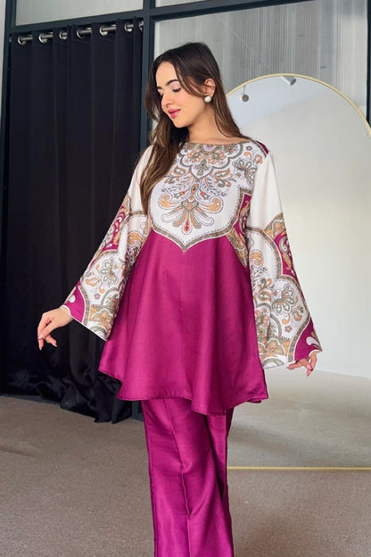 Rani Pink and Off White Printed Cotton Kurta Set with Intricate Traditional Motifs and Flared Sleeves