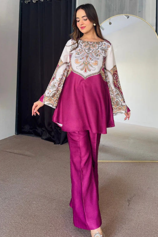 Rani Pink and Off White Printed Cotton Kurta Set with Intricate Traditional Motifs and Flared Sleeves