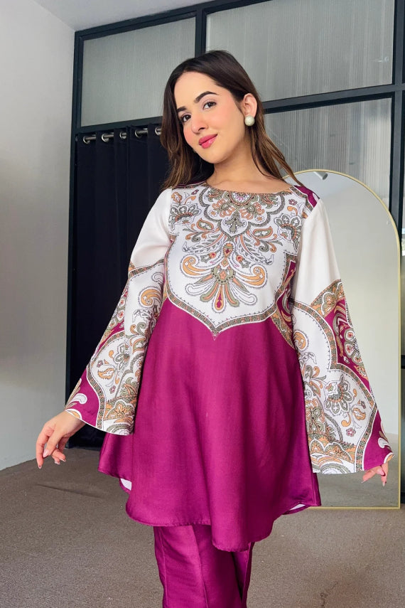 Rani Pink and Off White Printed Cotton Kurta Set with Intricate Traditional Motifs and Flared Sleeves