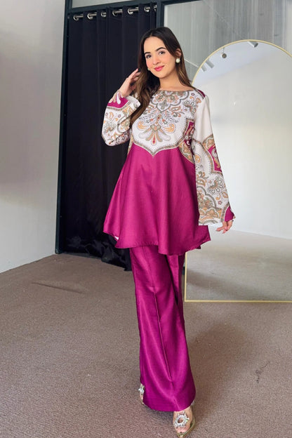 Rani Pink and Off White Printed Cotton Kurta Set with Intricate Traditional Motifs and Flared Sleeves