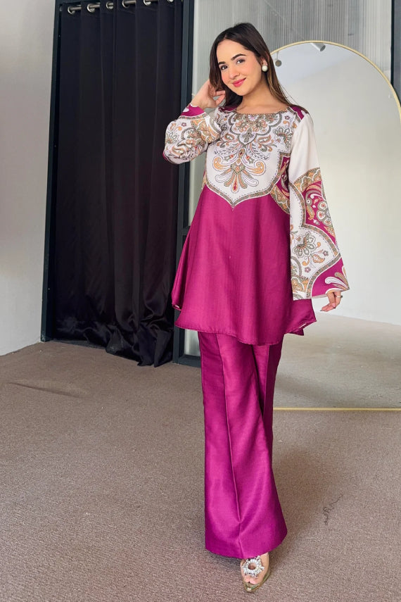 Rani Pink and Off White Printed Cotton Kurta Set with Intricate Traditional Motifs and Flared Sleeves