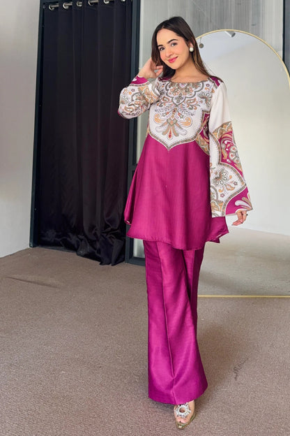 Rani Pink and Off White Printed Cotton Kurta Set with Intricate Traditional Motifs and Flared Sleeves