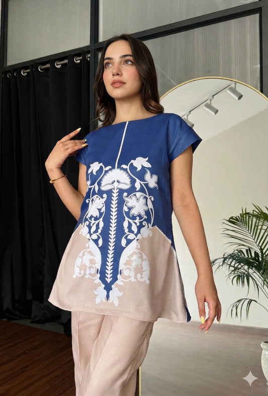 Royal Blue Cotton Cord-Set with Leaf Digital Print