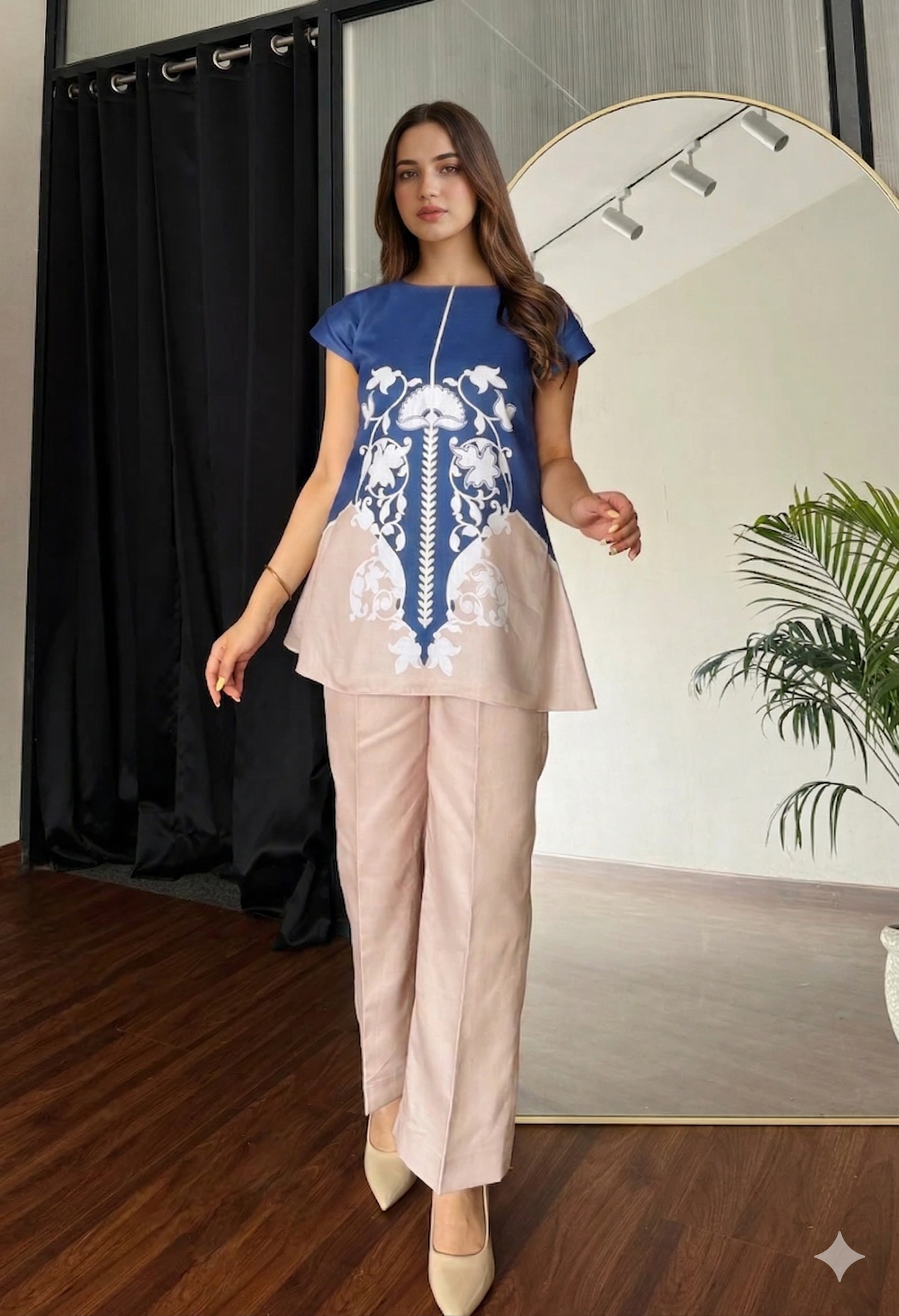 Royal Blue Cotton Cord-Set with Leaf Digital Print