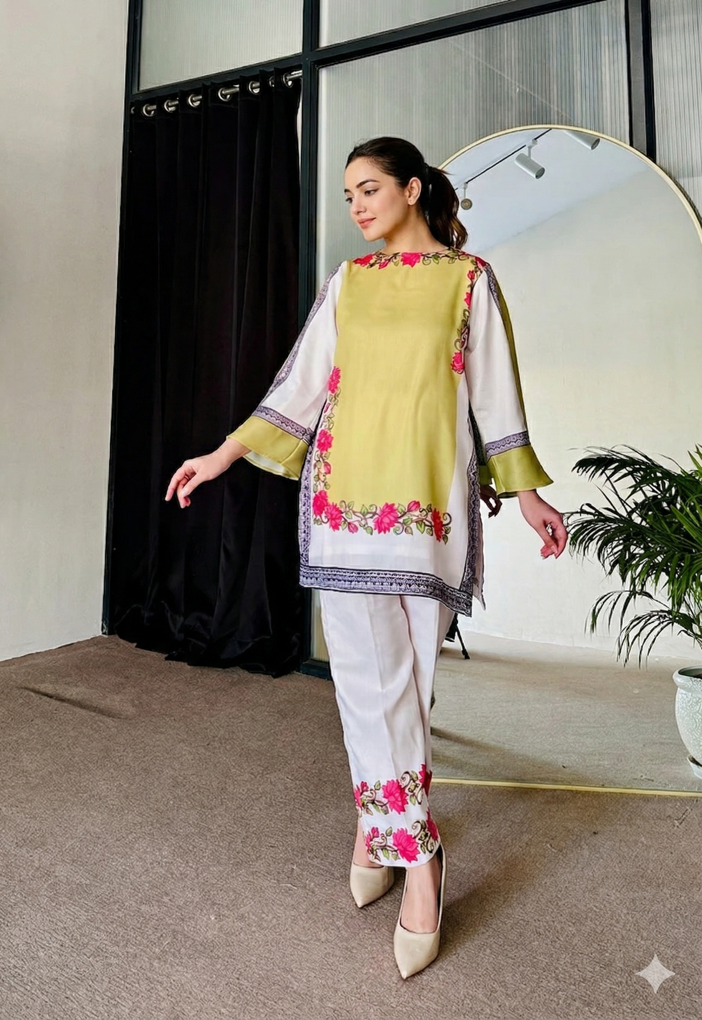 Lemon Yellow Cotton Cord-Set with Flower Digital Print