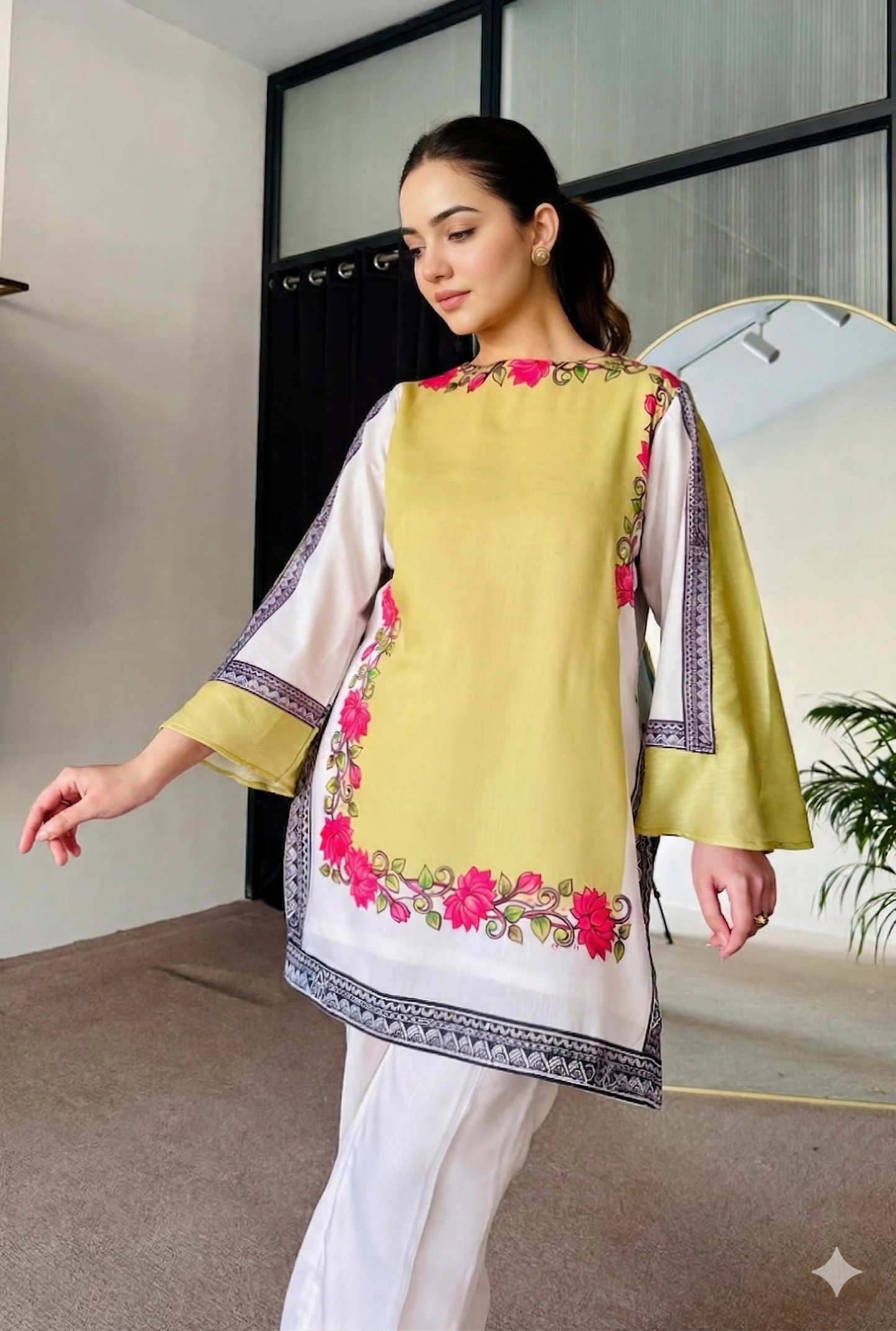 Lemon Yellow Cotton Cord-Set with Flower Digital Print