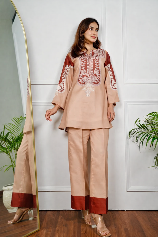 Caramel Hand-Block Inspired Cotton Kurta Pant Set for Women