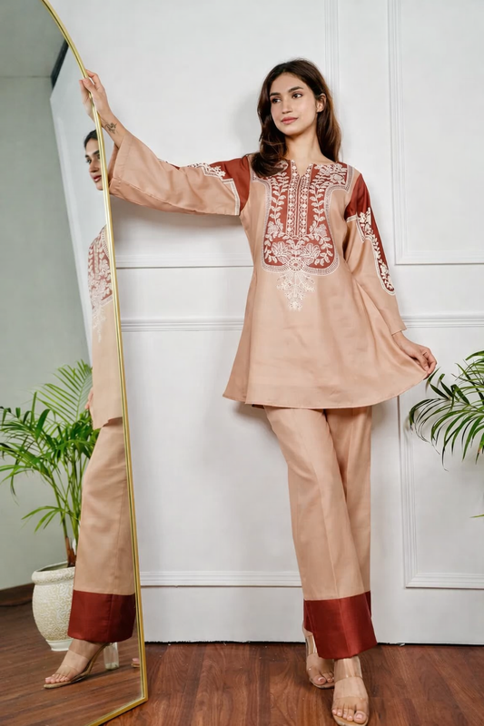 Caramel Hand-Block Inspired Cotton Kurta Pant Set for Women