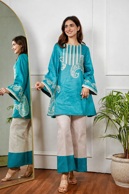 Teal and Beige Cotton Printed Kurta Set with Large Paisley Motifs and Striped Yoke Detail