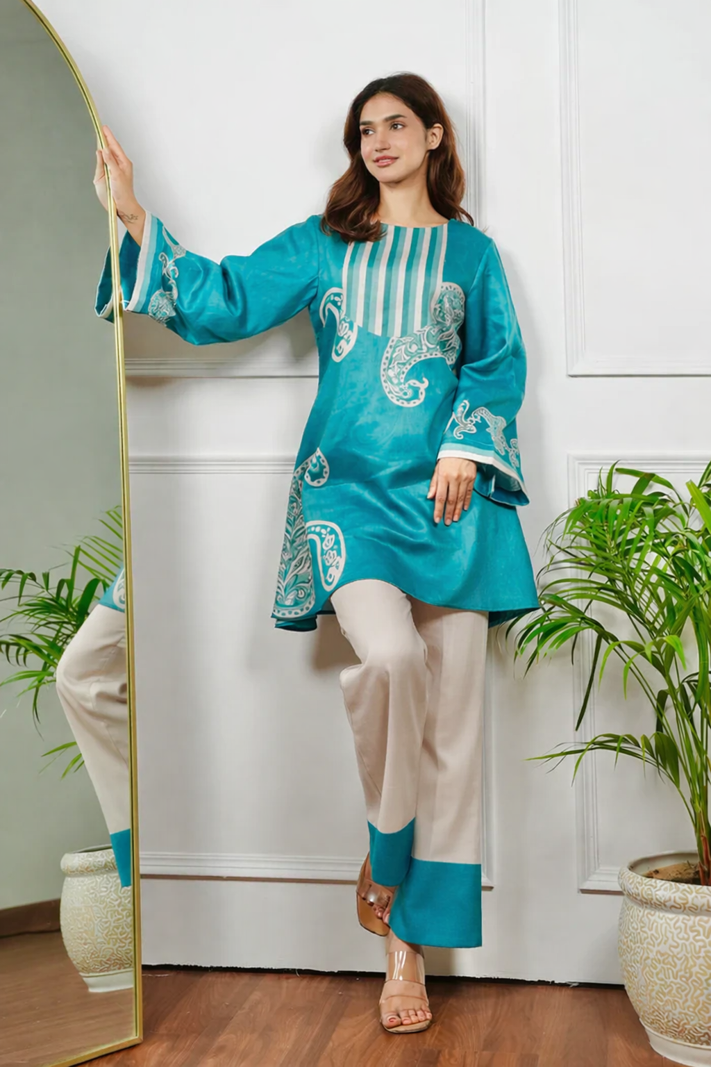 Teal and Beige Cotton Printed Kurta Set with Large Paisley Motifs and Striped Yoke Detail