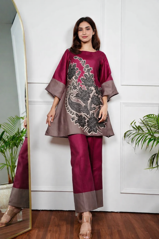 Maroon -Taupe Color,Block Kurta Pant Set with Wide Bell Sleeves